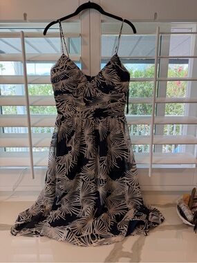 Max & Cleo Navy and White Palm-Print Spaghetti-Strap Midi Dress
